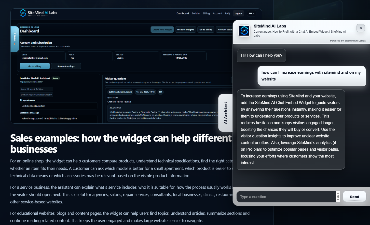 SiteMind AI chat widget desktop example on a website