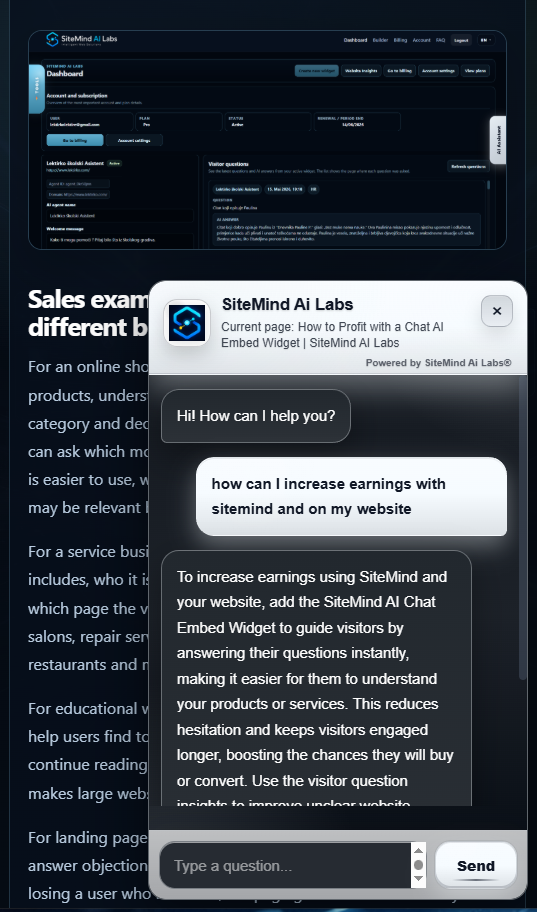 SiteMind AI chat widget mobile example on a website