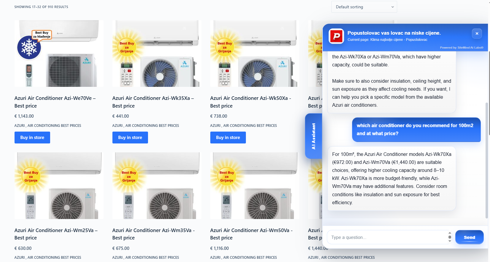 SiteMind AI chat widget desktop example in a webshop