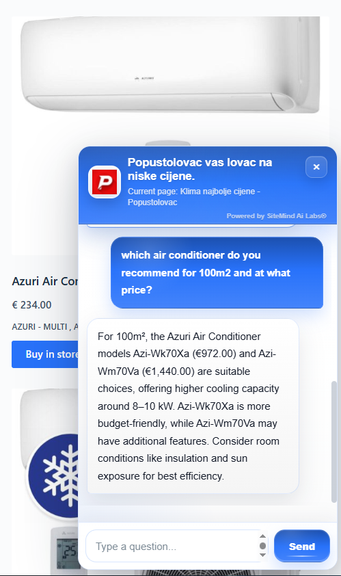 SiteMind AI chat widget mobile example in a webshop