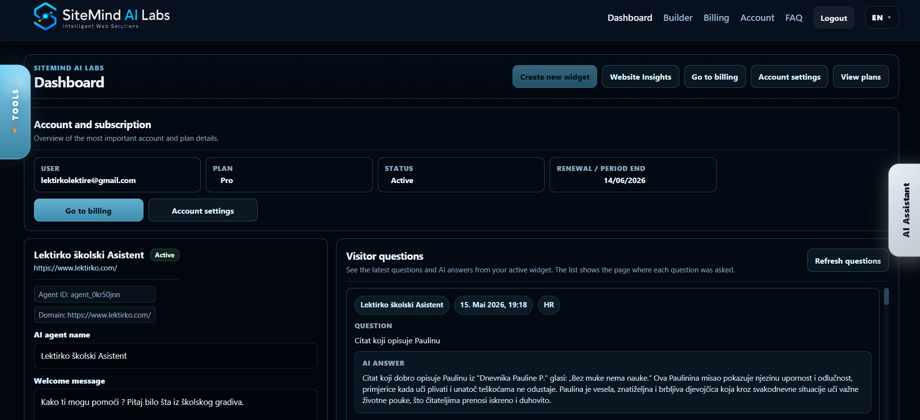 SiteMind AI dashboard with agent settings and visitor questions